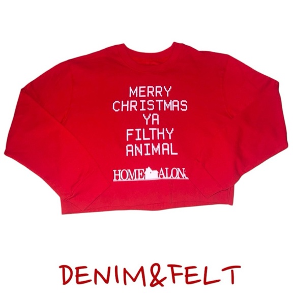 Home Alone Licensed Red Christmas “Filthy Animal” Long Sleeve Crop Top Sweater🎄 - Picture 1 of 4